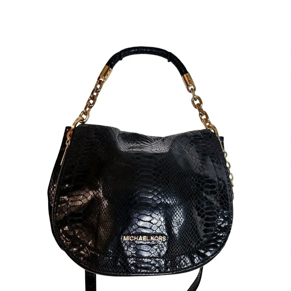 Michael Kors Bedford Black Snake Embossed Leather Crossbody Bag Gold Hardware